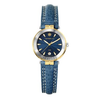 Montre Michel Herbelin Newport quartz acier PVD or jaune cadran bleu bracelet cuir bleu 29 mm