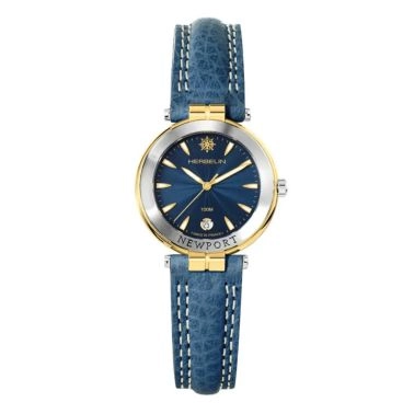 Montre Michel Herbelin Newport quartz acier PVD or jaune cadran bleu bracelet cuir bleu 29 mm