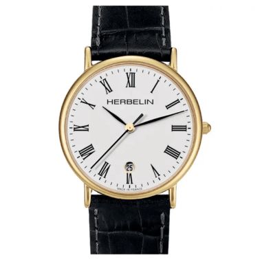 Montre Michel Herbelin Classiques quartz PVD or jaune cadran blanc chiffres romains bracelet cuir noir 26 mm