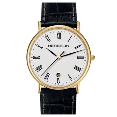 Montre Michel Herbelin Classiques quartz PVD or jaune cadran blanc chiffres romains bracelet cuir noir 26 mm