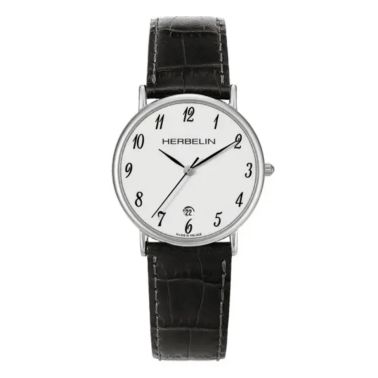 Montre Michel Herbelin Classiques quartz cadran blanc chiffres arabes bracelet cuir noir 34 mm