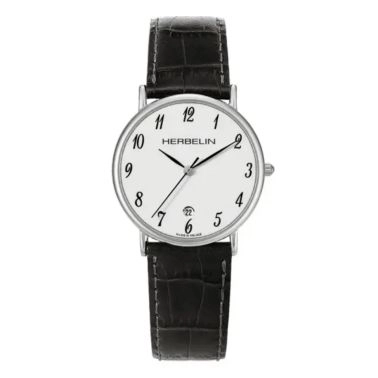 Montre Michel Herbelin Classiques quartz cadran blanc chiffres arabes bracelet cuir noir 34 mm
