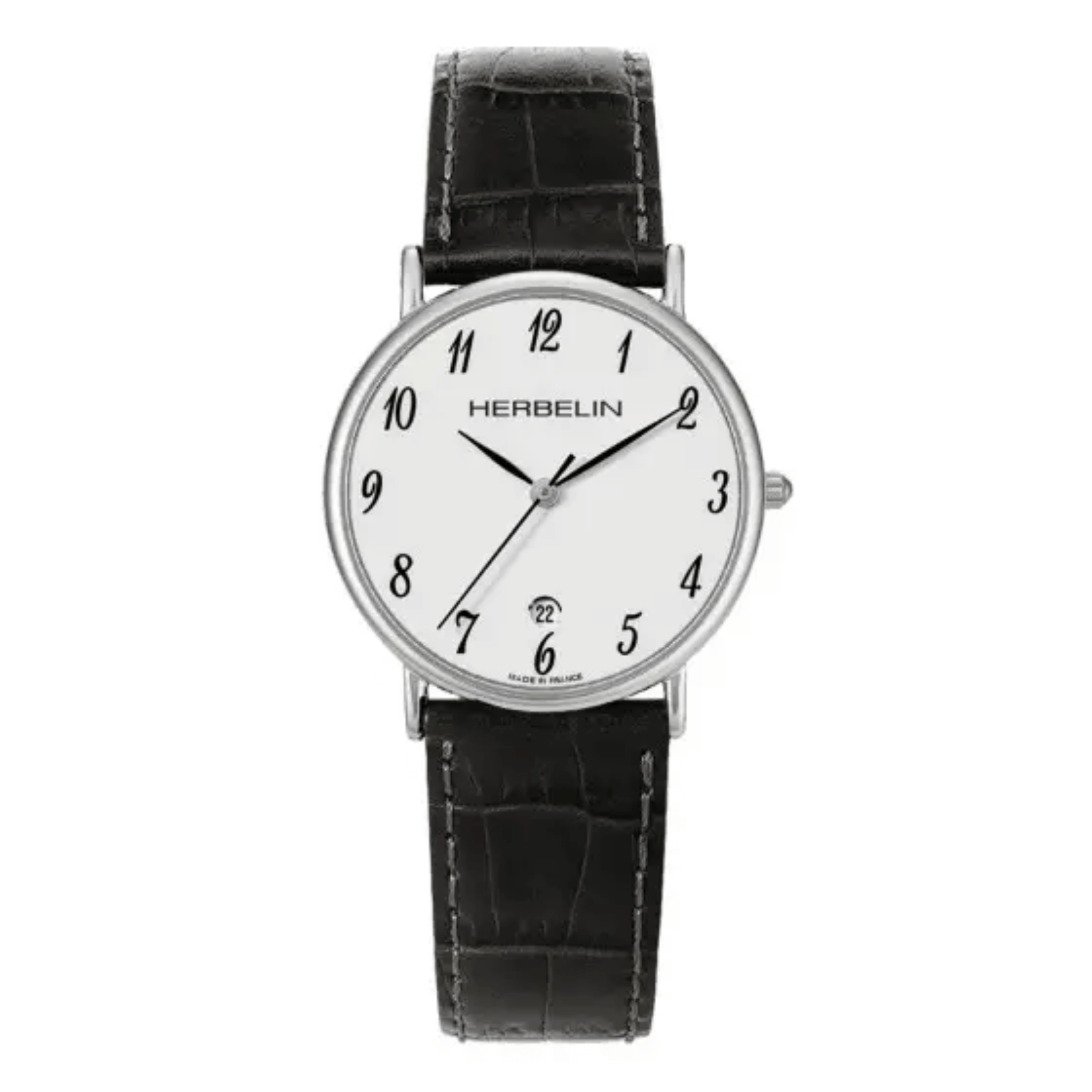 Montre Michel Herbelin Classiques quartz cadran blanc chiffres arabes bracelet cuir noir 34 mm