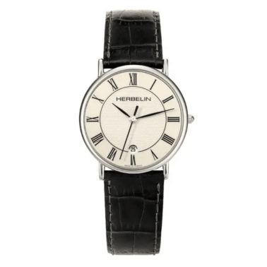 Montre Michel Herbelin Classiques quartz cadran blanc chiffres romains bracelet cuir noir 34 mm