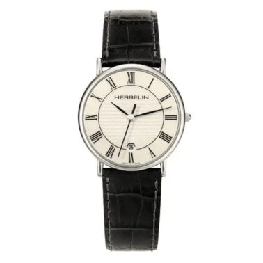Montre Michel Herbelin Classiques quartz cadran blanc chiffres romains bracelet cuir noir 34 mm