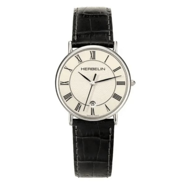 Montre Michel Herbelin Classiques quartz cadran blanc chiffres romains bracelet cuir noir 34 mm