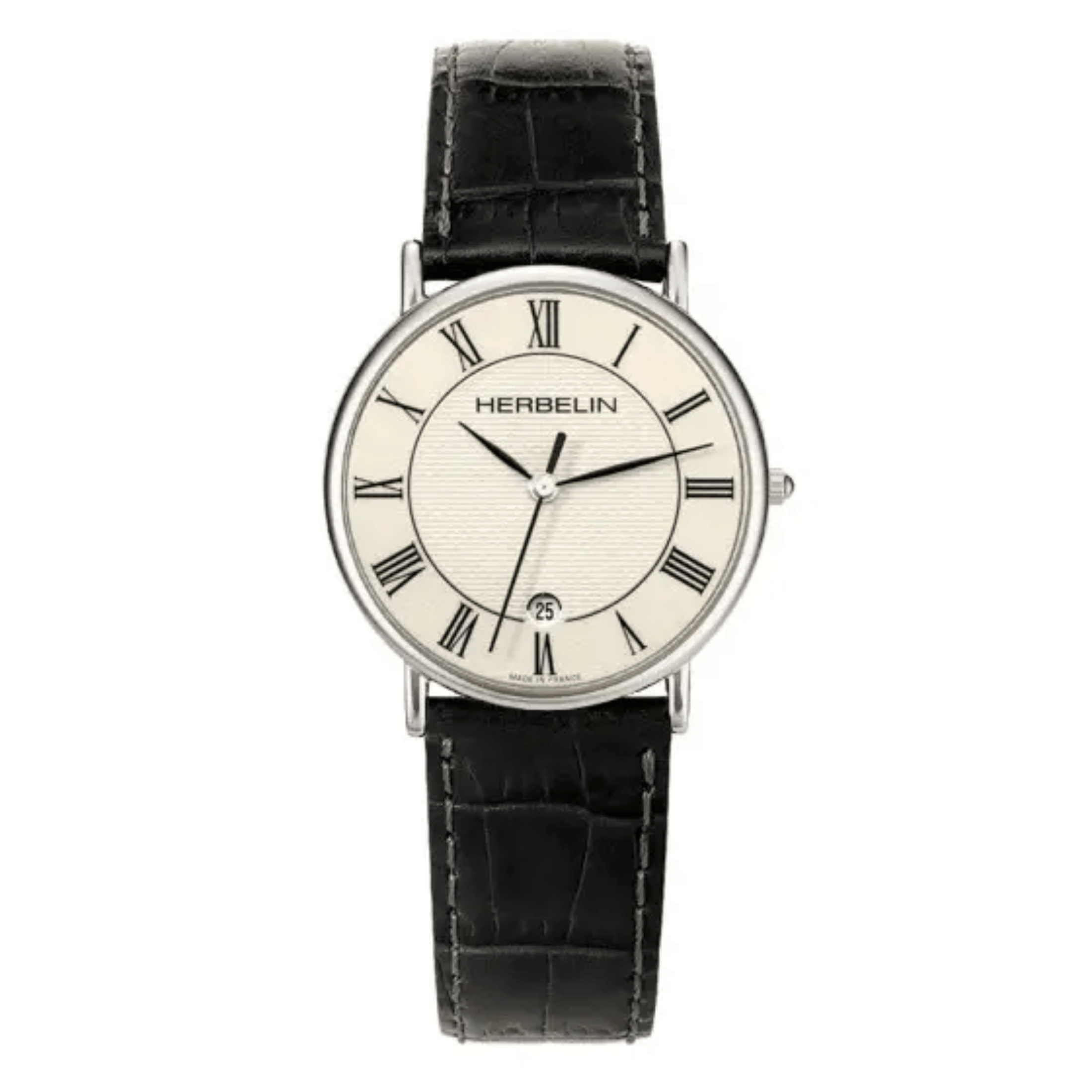 Montre Michel Herbelin Classiques quartz cadran blanc chiffres romains bracelet cuir noir 34 mm