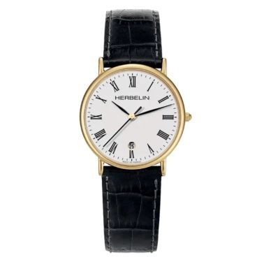 Montre Michel Herbelin Classiques quartz acier PVD or jaune cadran blanc bracelet cuir noir 34 mm