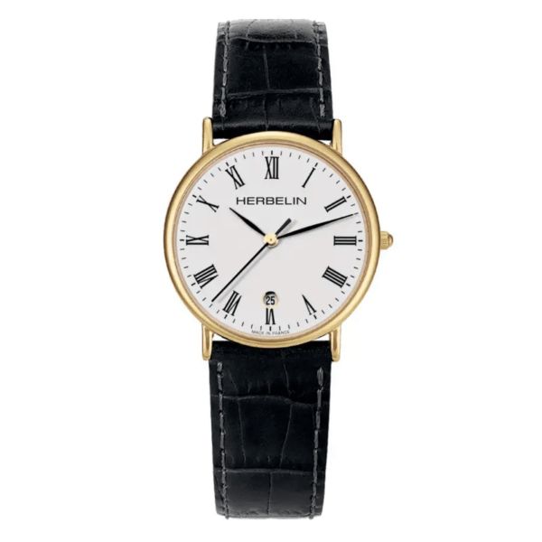 Montre Michel Herbelin Classiques quartz acier PVD or jaune cadran blanc bracelet cuir noir 34 mm