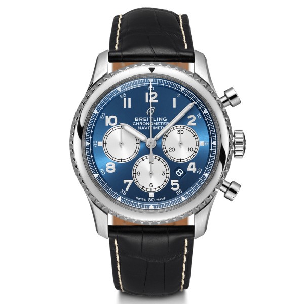 Montre Breitling Navitimer 8 B01 chronograph cadran bleu bracelet croco noir 43 mm