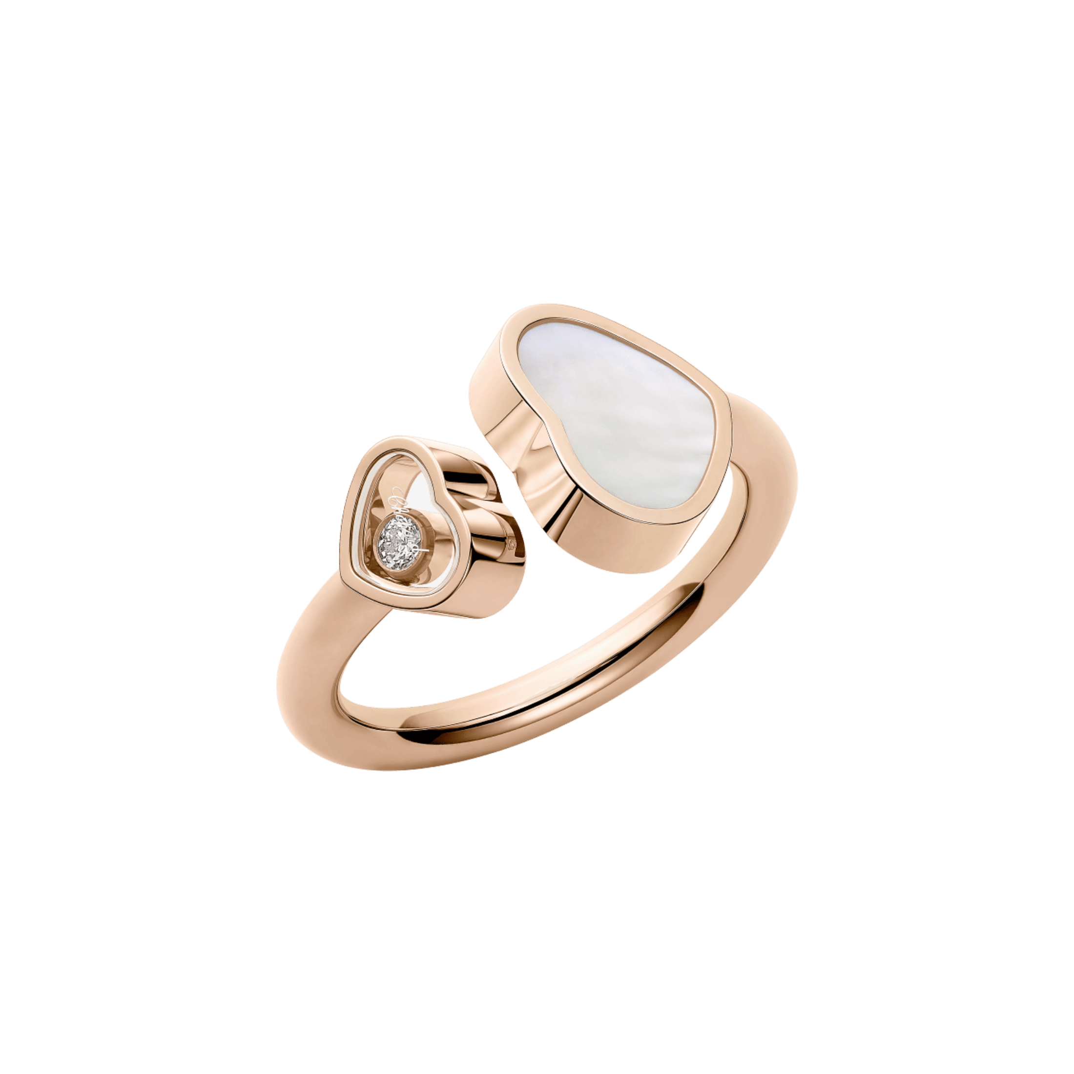 Chopard Happy Hearts ring in rose gold, diamonds, and mother-of-pearl
