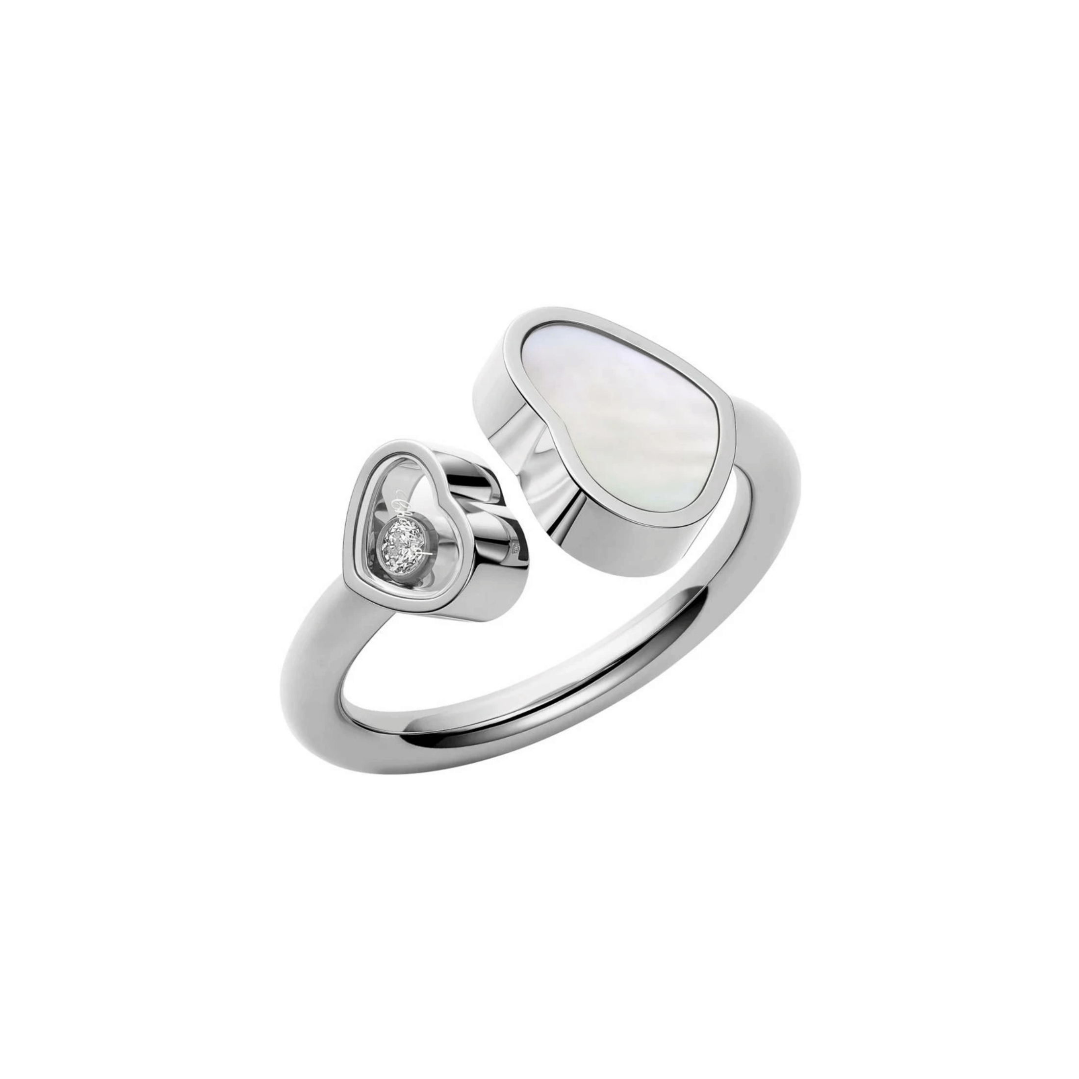 Chopard Happy Hearts ring in white gold, diamonds, and mother-of-pearl