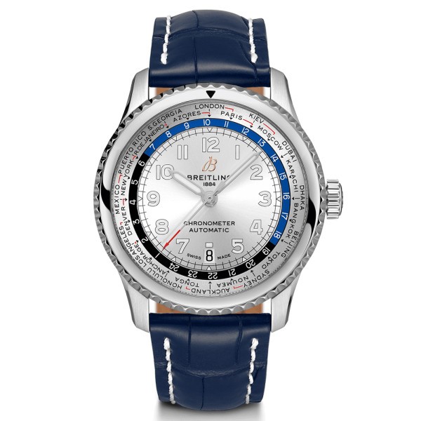 Montre Breitling Navitimer 8 B35 automatique Unitime cadran argent mercury bracelet croco bleu 43 mm