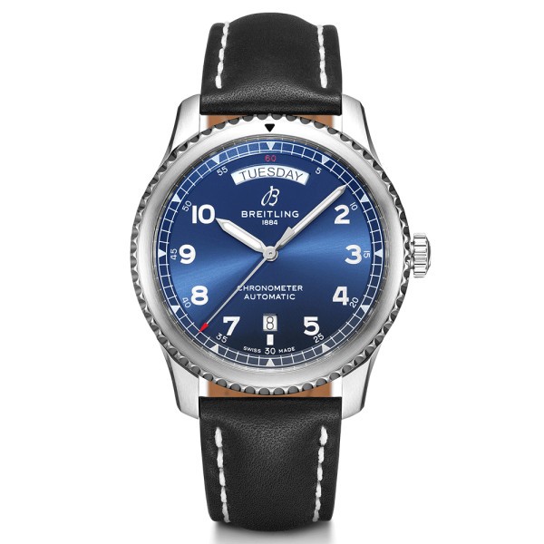 Montre Breitling Navitimer 8 automatique Day Date cadran bleu bracelet cuir noir 41 mm