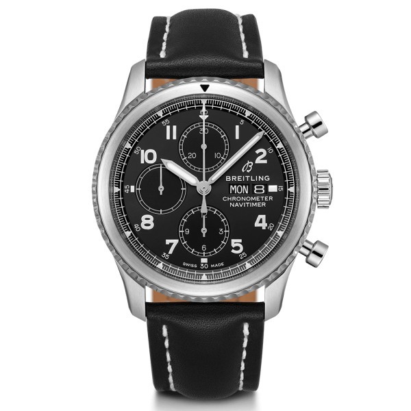 Montre Breitling Aviator 8 chronograph cadran noir bracelet cuir 43 mm