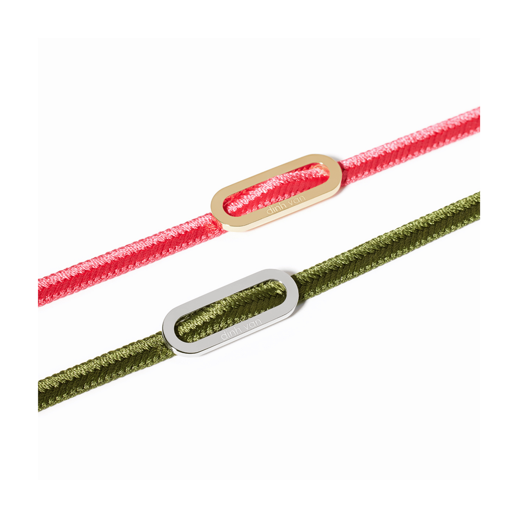 Bracelet double-tour dinh van Maillon L en or jaune sur bracelet tissé rose