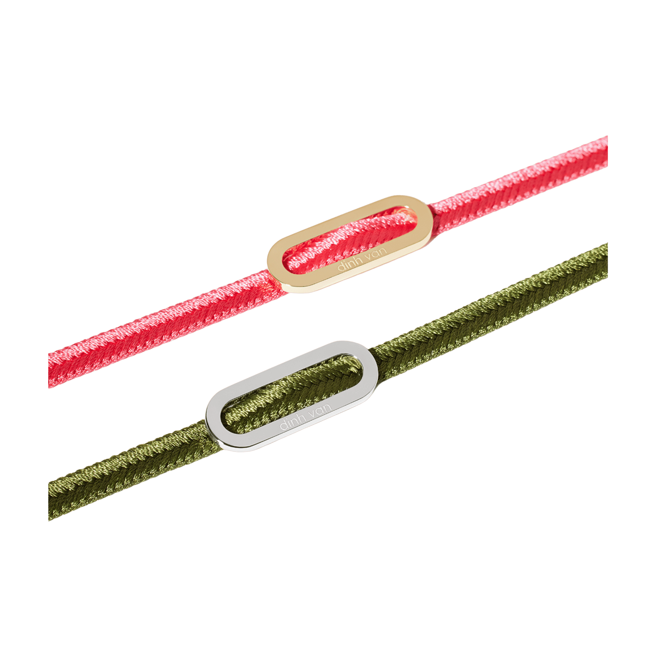 Bracelet double-tour dinh van Maillon L en or blanc sur bracelet tissé kaki