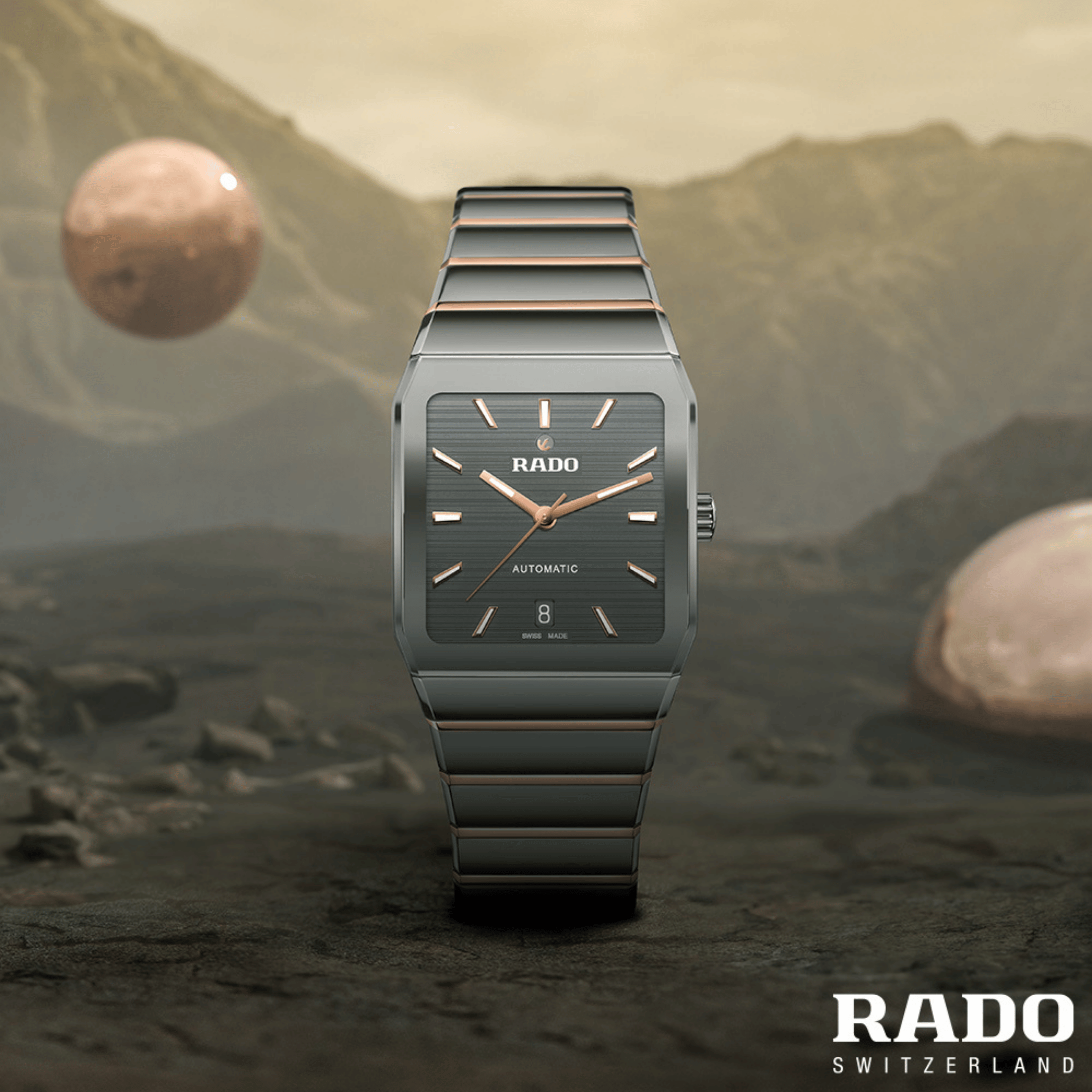 Rado Anatom automatic watch grey dial steel bracelet pvd rose gold and grey ceramic 32.5 mm
