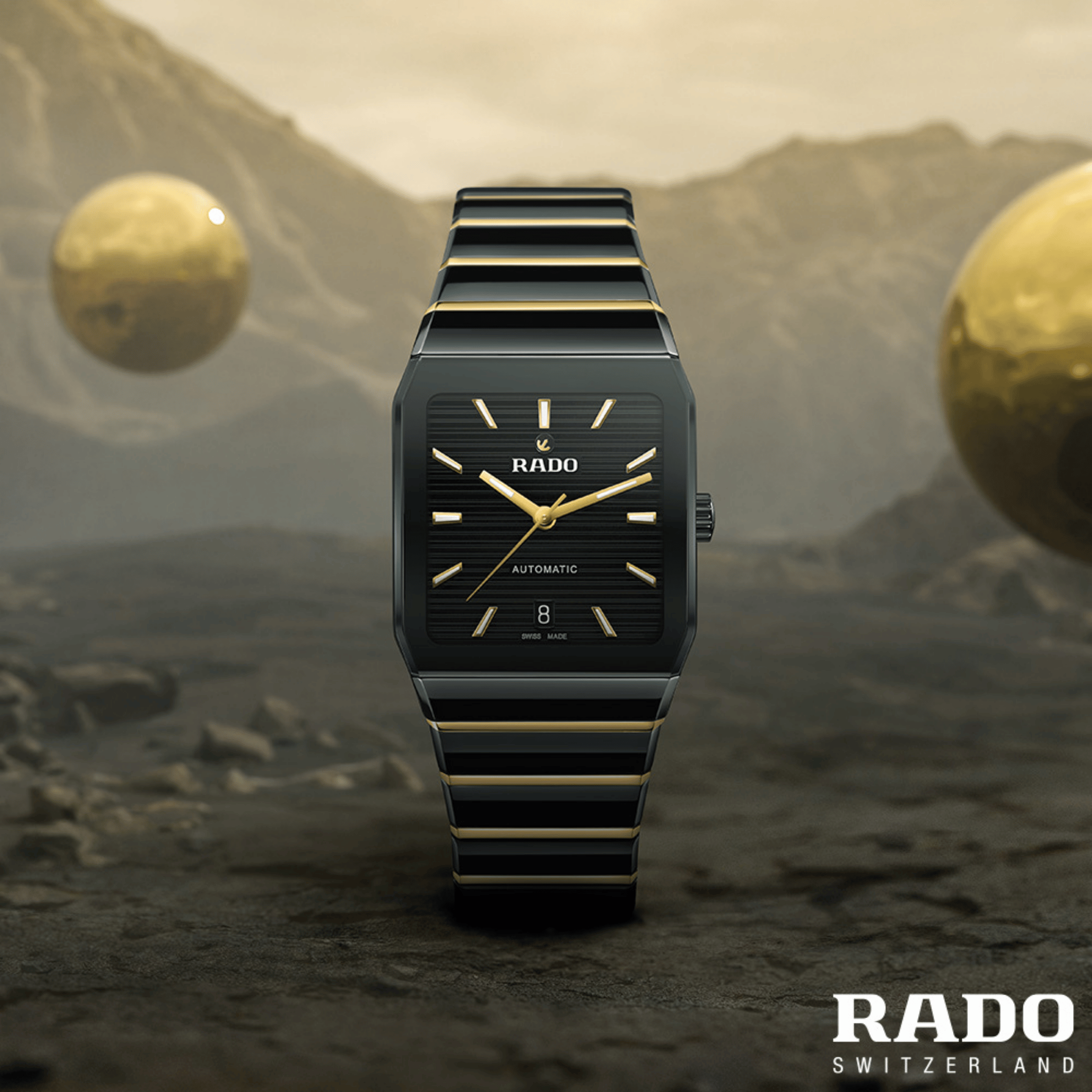 Rado Anatom automatic watch black dial steel bracelet pvd yellow gold and black ceramic 32.5 mm