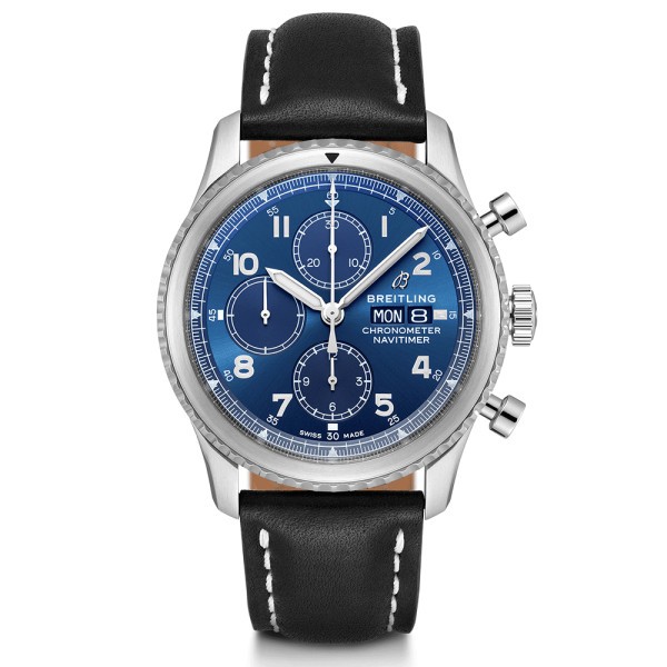 Montre Breitling Navitimer 8 chronograph cadran bleu bracelet cuir noir 43 mm