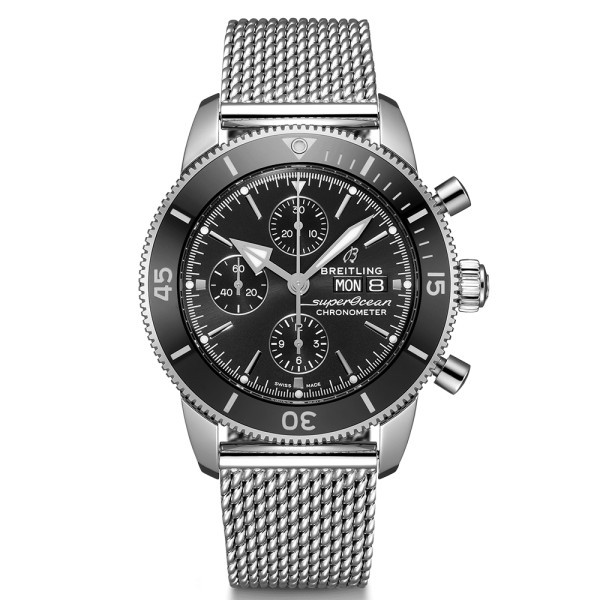 Montre Breitling Superocean Heritage II chronograph automatique cadran noir bracelet maille milanaise 44 mm