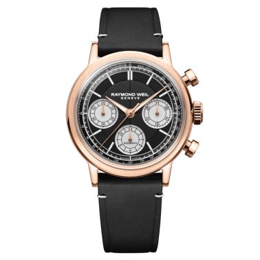 Raymond Weil Millesime Chronograph Tri-Compax automatic PDV Rose Gold black dial leather strap 39 mm