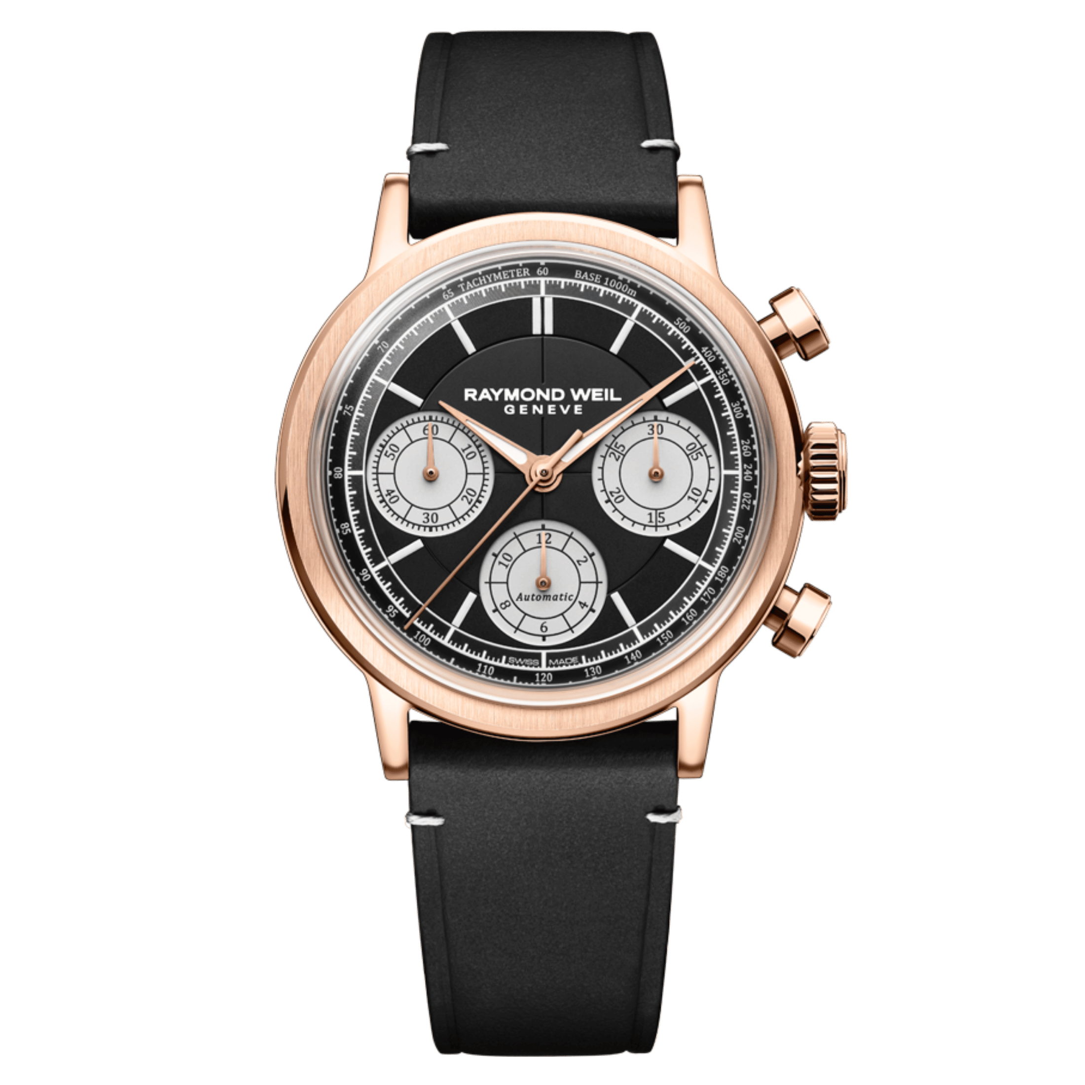 Raymond Weil Millesime Chronograph Tri-Compax automatic PDV Rose Gold black dial leather strap 39 mm