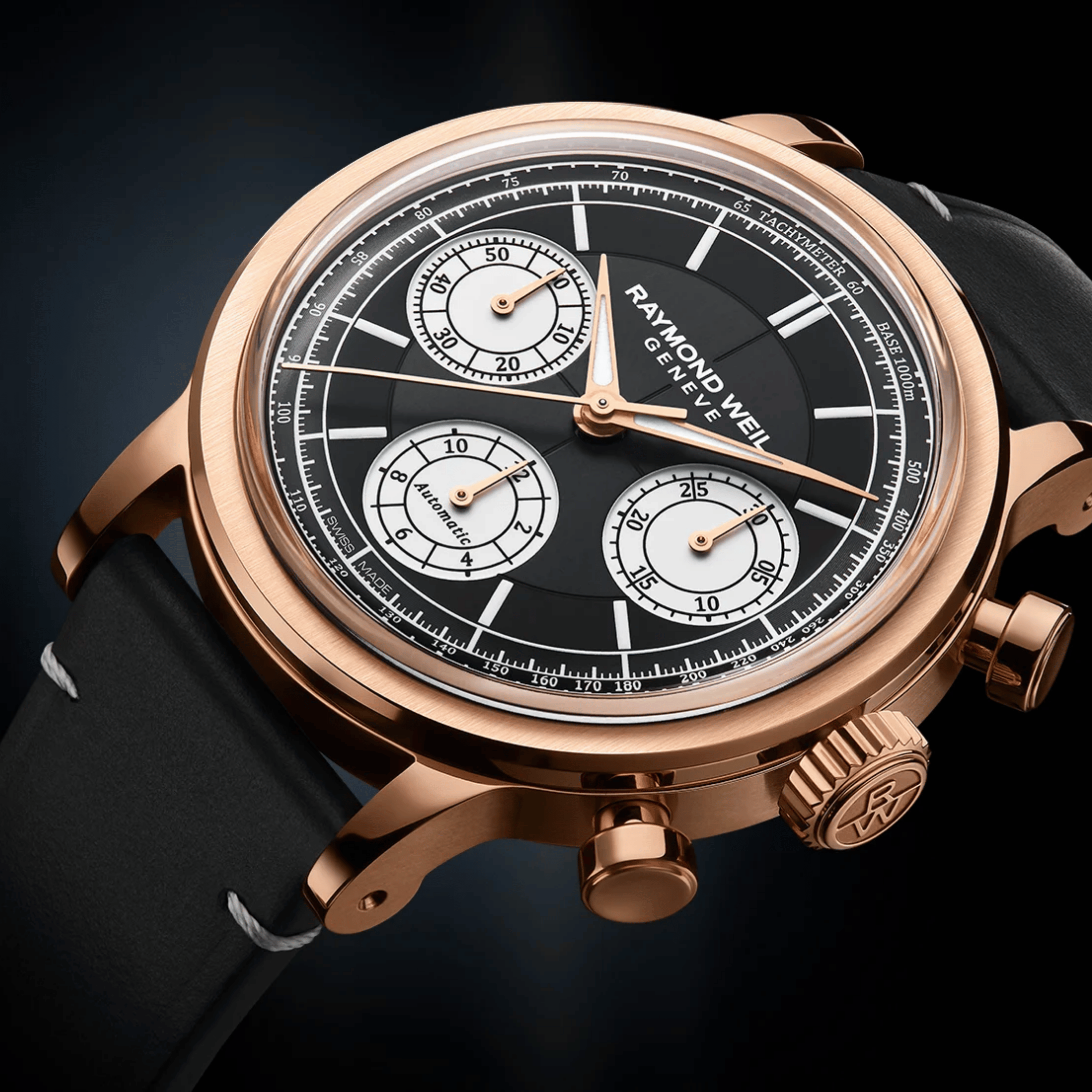 Raymond Weil Millesime Chronograph Tri-Compax automatic PDV Rose Gold black dial leather strap 39 mm