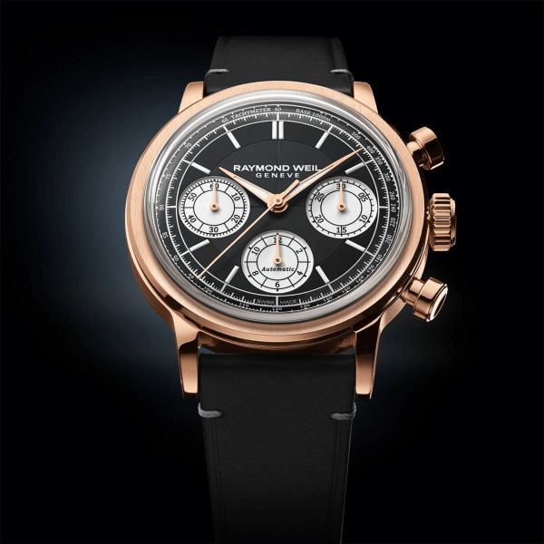 Raymond Weil Millesime Chronograph Tri-Compax automatic PDV Rose Gold black dial leather strap 39 mm
