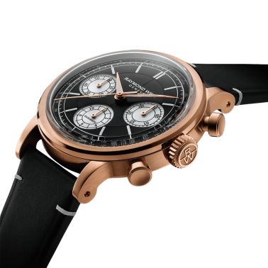 Raymond Weil Millesime Chronograph Tri-Compax automatic PDV Rose Gold black dial leather strap 39 mm