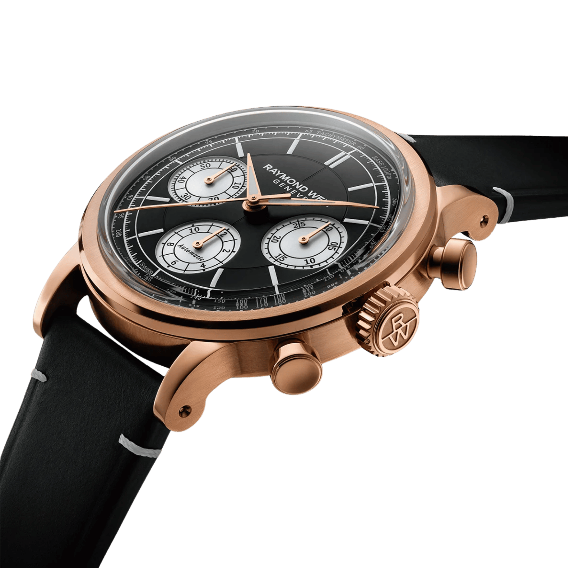 Raymond Weil Millesime Chronograph Tri-Compax automatic PDV Rose Gold black dial leather strap 39 mm