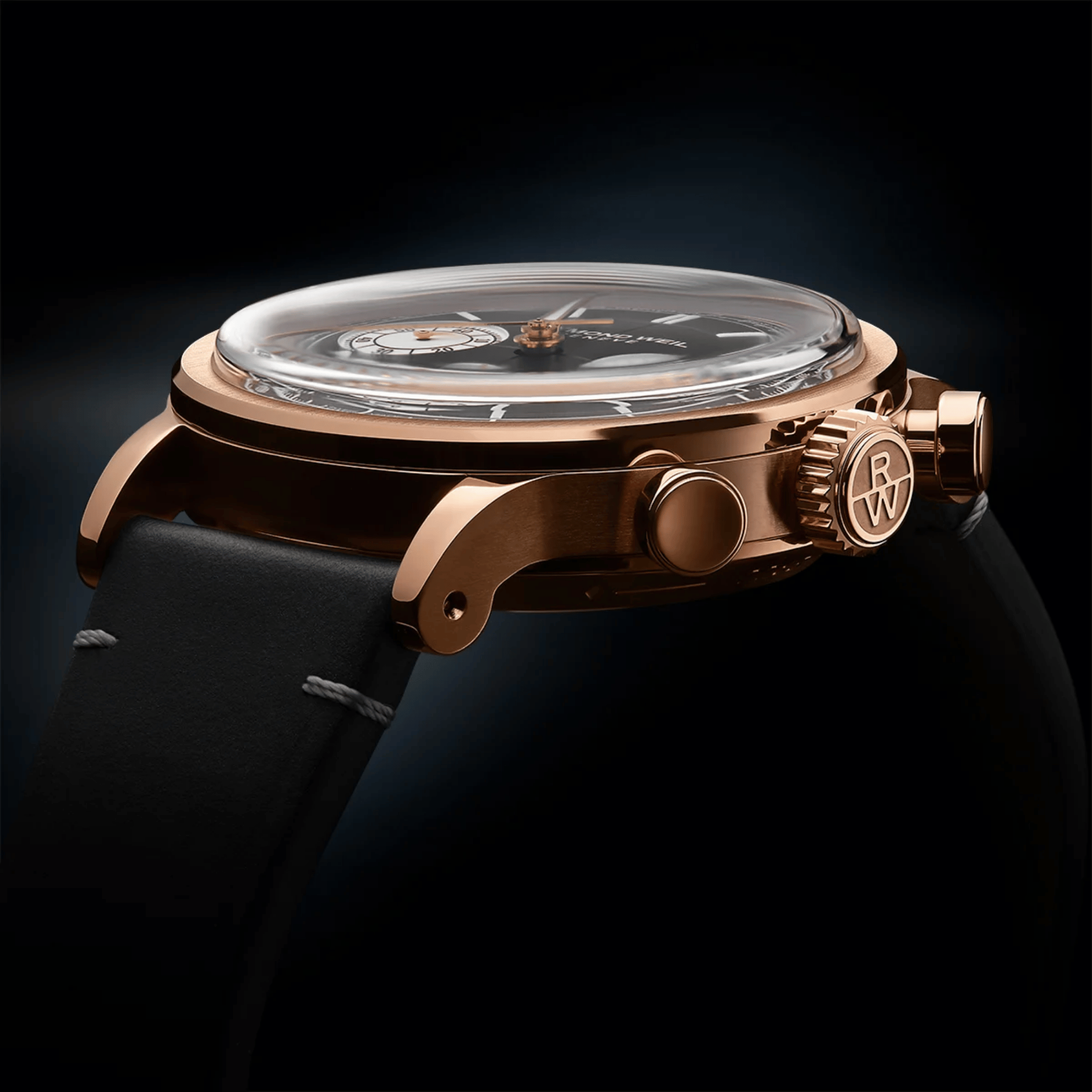 Raymond Weil Millesime Chronograph Tri-Compax automatic PDV Rose Gold black dial leather strap 39 mm