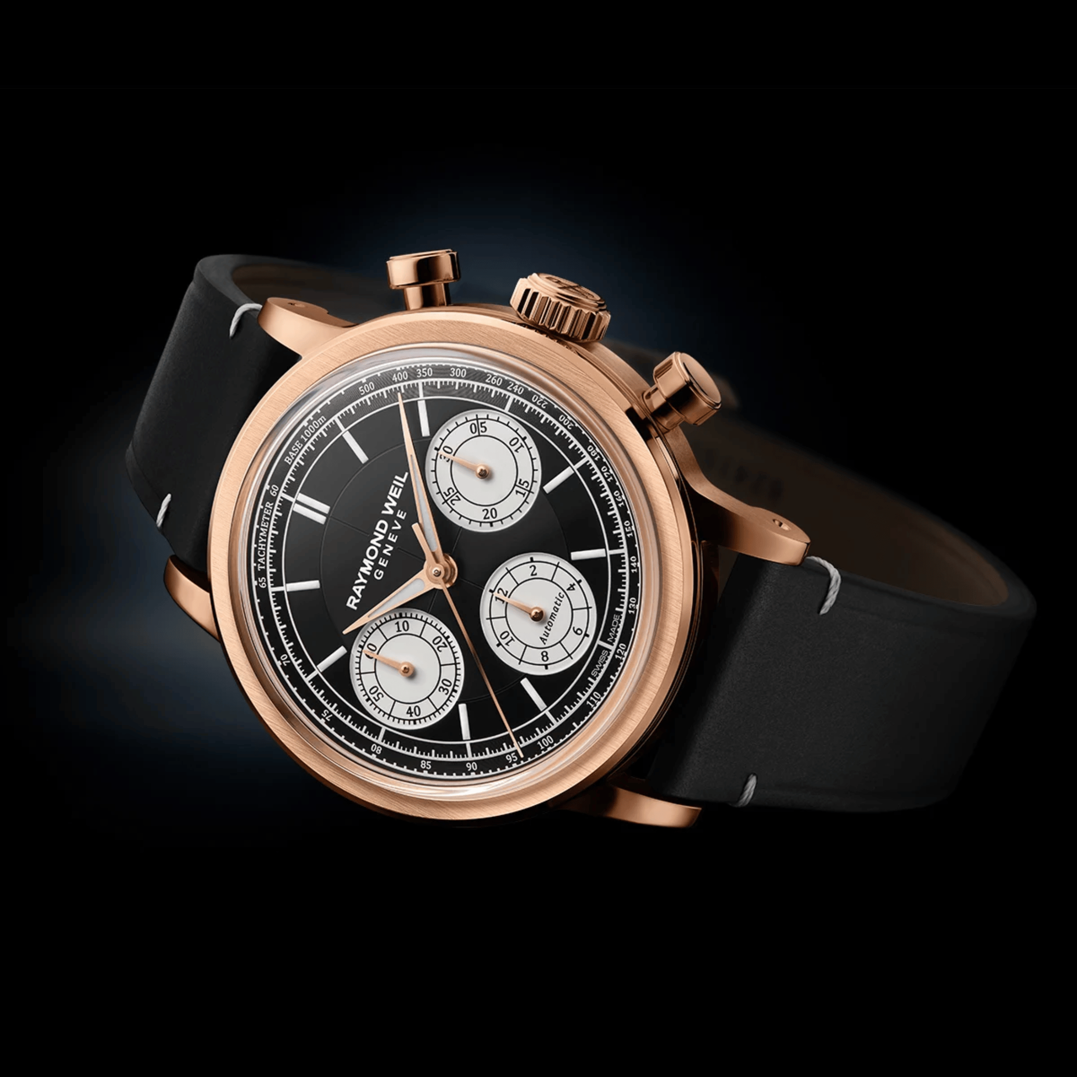 Raymond Weil Millesime Chronograph Tri-Compax automatic PDV Rose Gold black dial leather strap 39 mm