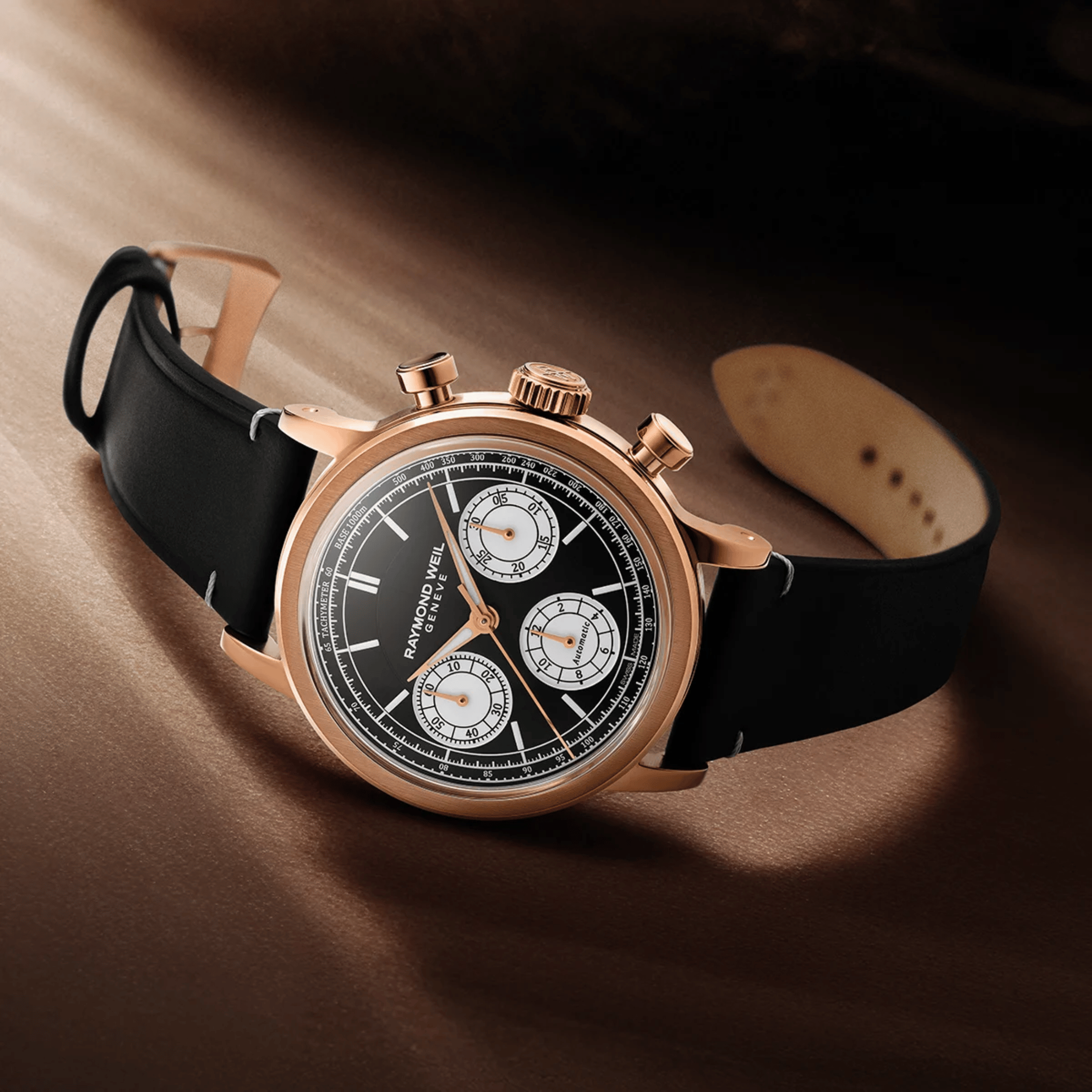 Raymond Weil Millesime Chronograph Tri-Compax automatic PDV Rose Gold black dial leather strap 39 mm
