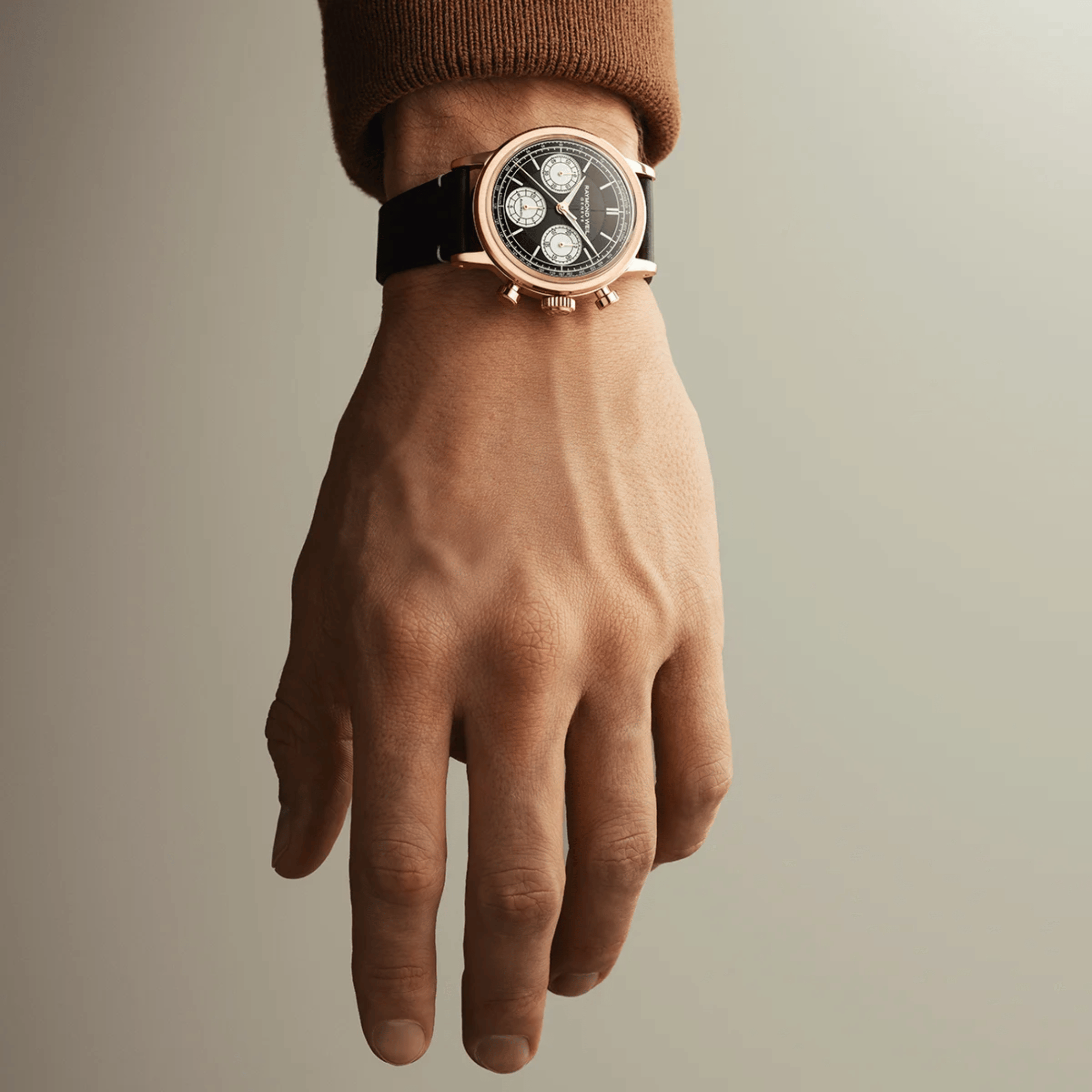 Raymond Weil Millesime Chronograph Tri-Compax automatic PDV Rose Gold black dial leather strap 39 mm