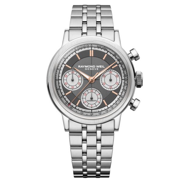 Montre Raymond Weil Millesime Chronographe Tri-Compax automatique cadran anthracite bracelet acier 39 mm