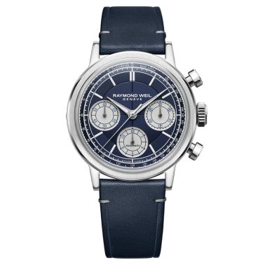 Montre Raymond Weil Millesime Chronographe Tri-Compax automatique cadran bleu bracelet cuir 39,5 mm