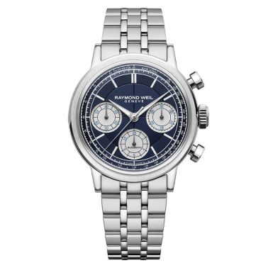 Montre Raymond Weil Millesime Chronographe Tri-Compax automatique cadran bleu bracelet acier 39,5 mm