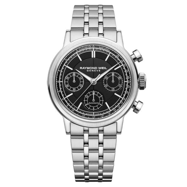 Montre Raymond Weil Millesime Chronographe Tri-Compax automatique cadran noir bracelet acier 39,5 mm