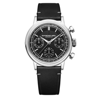 Montre Raymond Weil Millesime Chronographe Tri-Compax automatique cadran noir bracelet cuir 39,5 mm