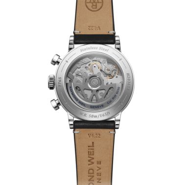 Montre Raymond Weil Millesime Chronographe Tri-Compax automatique cadran noir bracelet cuir 39,5 mm