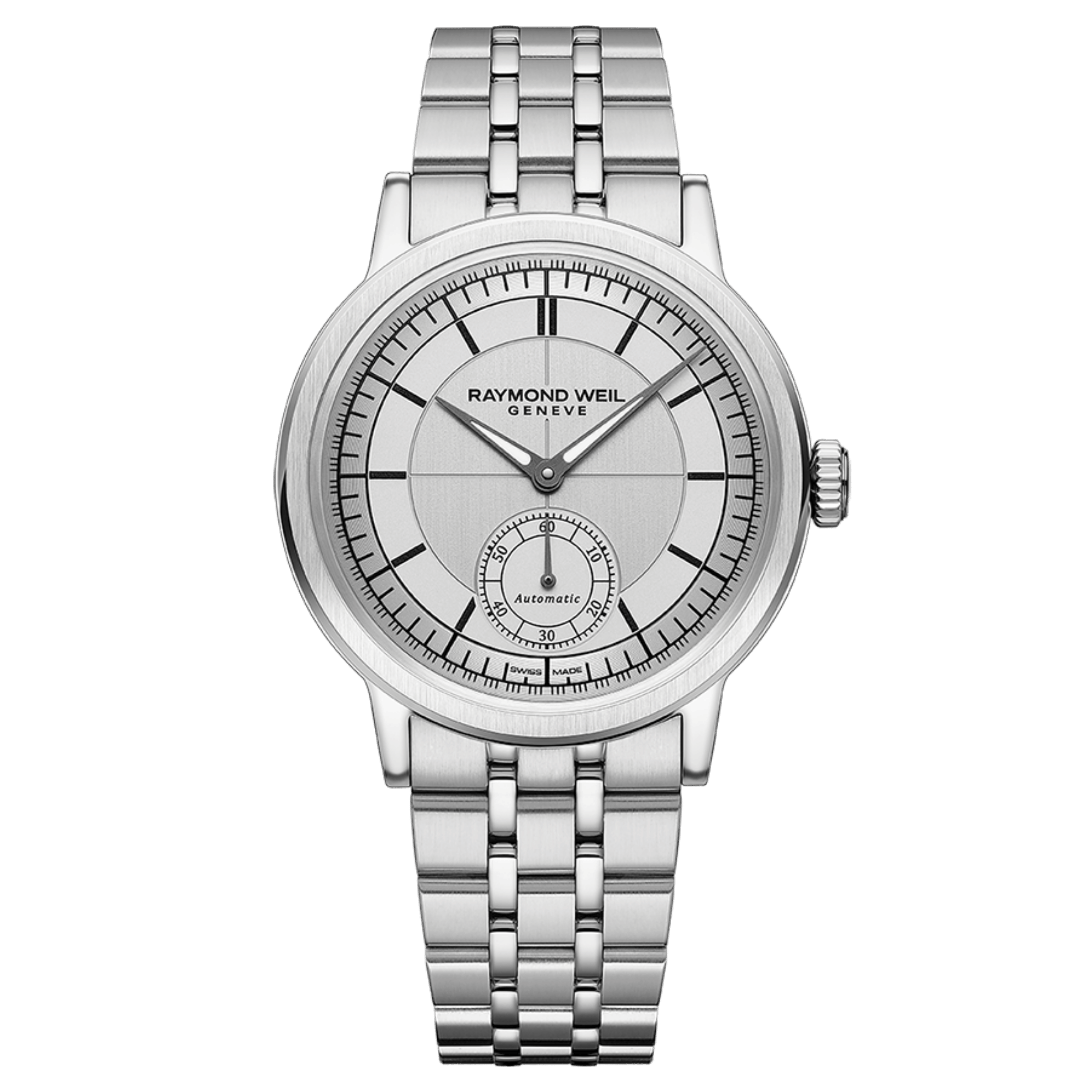 Montre Raymond Weil Millesime Automatique Petite Seconde cadran argenté bracelet acier 39,5 mm
