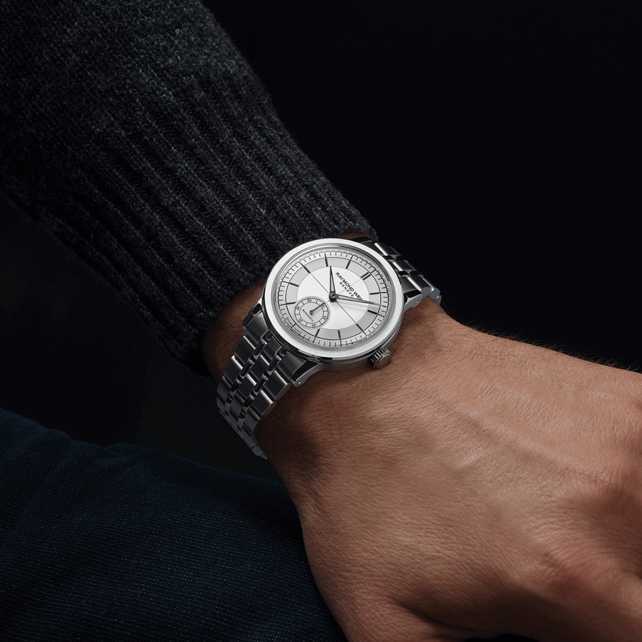Montre Raymond Weil Millesime Automatique Petite Seconde cadran argenté bracelet acier 39,5 mm