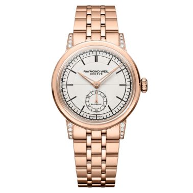 Raymond Weil Millesime Automatic Small Seconds Diamonds PVD Rose Gold cream dial steel bracelet 35 mm