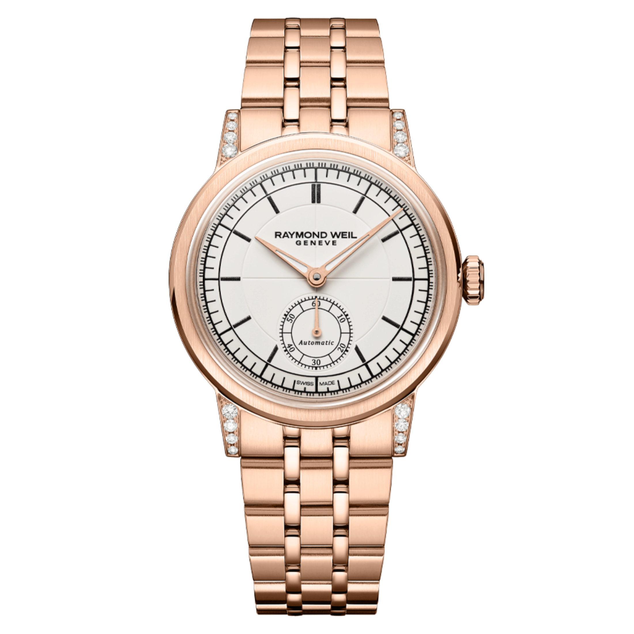 Raymond Weil Millesime Automatic Small Seconds Diamonds PVD Rose Gold cream dial steel bracelet 35 mm