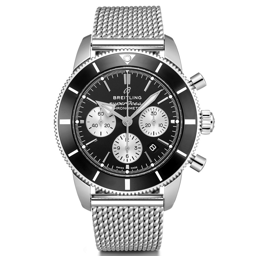 Montre Breitling Superocean Heritage II B01 chronograph automatique cadran noir bracelet maille milanaise 44 mm