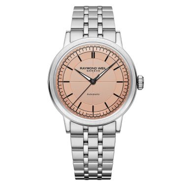 Montre Raymond Weil Millesime Automatique Seconde Centrale cadran saumon bracelet acier 39,5 mm