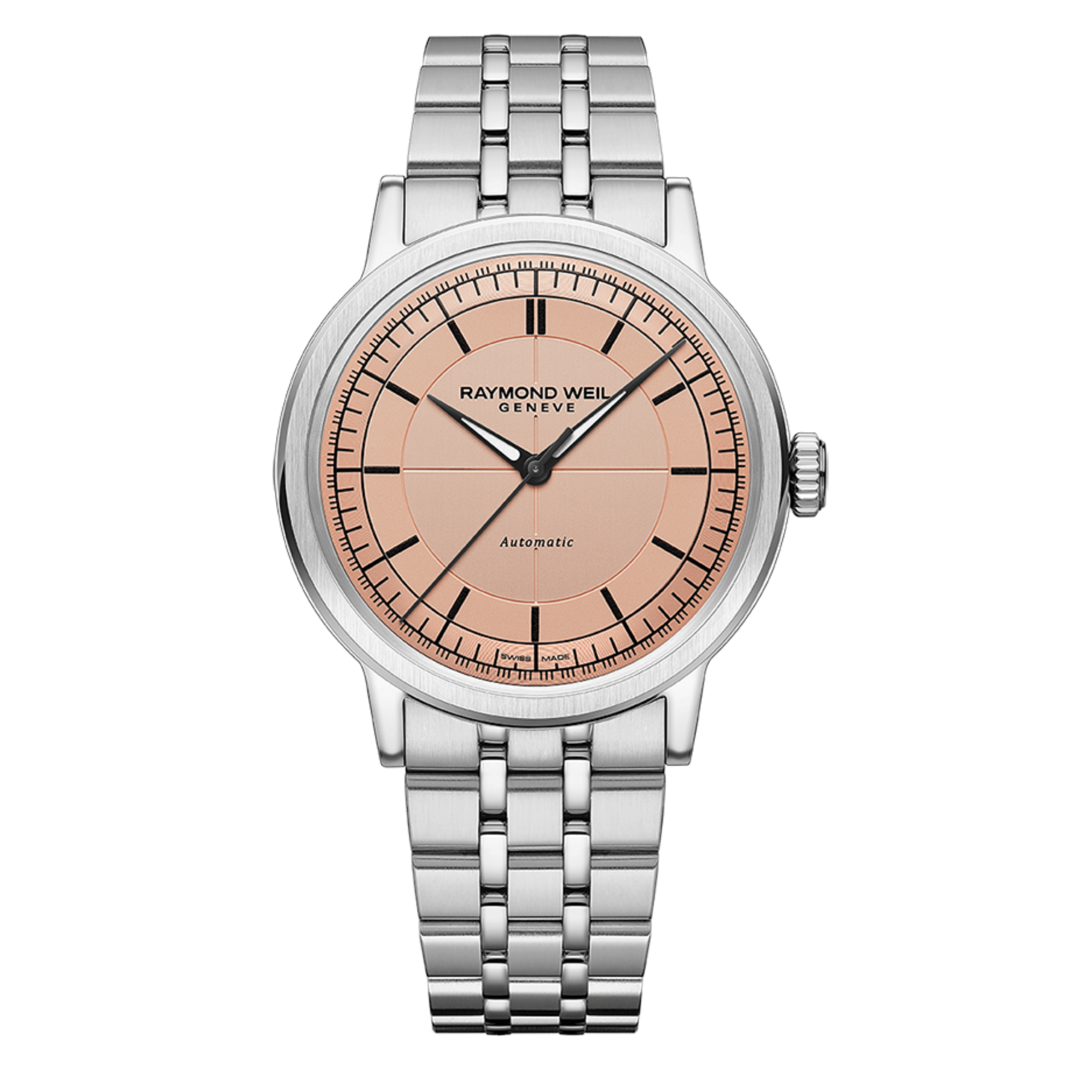 Montre Raymond Weil Millesime Automatique Seconde Centrale cadran saumon bracelet acier 39,5 mm