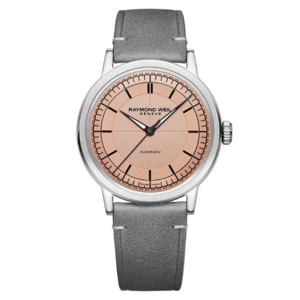 Montre Raymond Weil Millesime Automatique Seconde Centrale cadran saumon bracelet cuir 39,5 mm