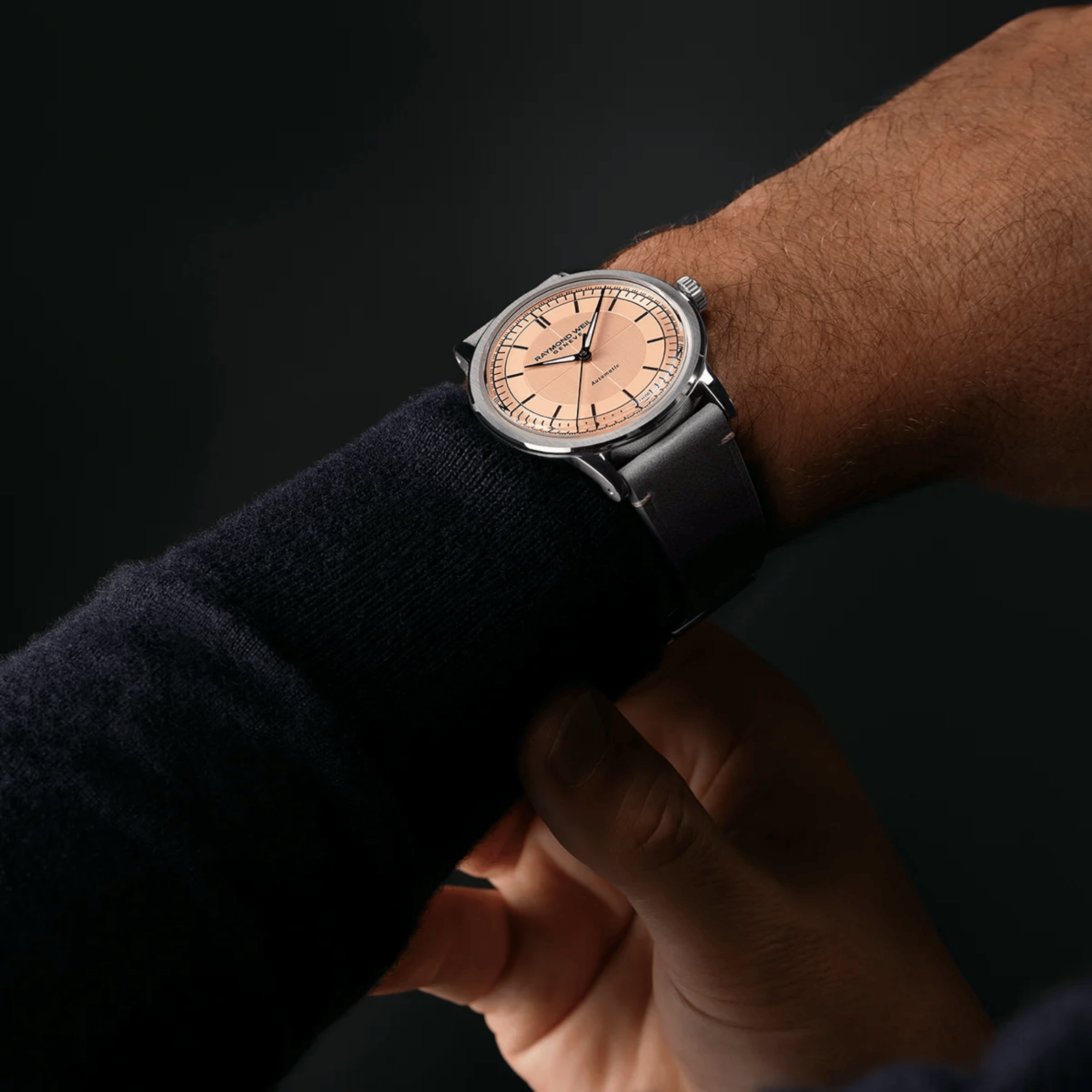 Raymond Weil Millesime Automatic Central Seconds salmon dial leather strap 39,5 mm
